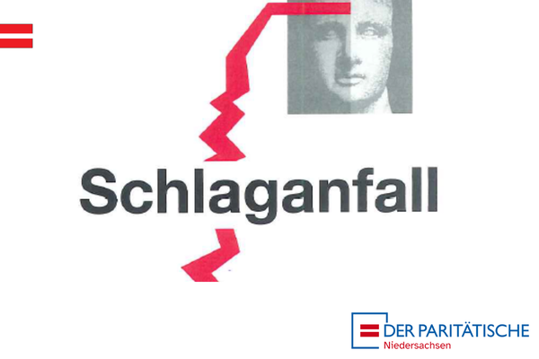 Ein roter Blitz reicht einmal schräg druch das Bild. Er entspringt aus einem kleineren Bild auf dem ein Kopf abgebildet ist. Der Blitz wird von dem Schriftzug: Schlaganfall unterbrochen. Das Bild hat einen weißen Rahmen welcher das Symbol und Logo des Paritätischen Niedersachsens zeigt.